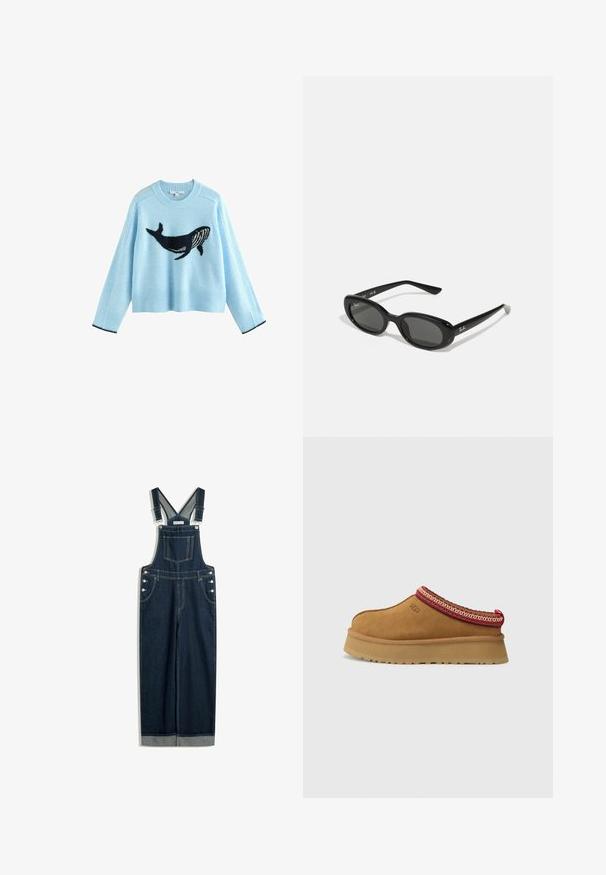 Jasnoniebieski sweter z grafiką wieloryba, wykonany z miękkiego materiału. Posiada ściągacze przy mankietach i dolnej krawędzi w granatowym kolorze. Krótki krój, długie rękawy.; Dżinsowe ogrodniczki w ciemnoniebieskim kolorze, z regulowanymi ramiączkami, przednią kieszenią, bocznymi guzikami oraz szerokimi nogawkami z mankietami.; Brązowy zamszowy but wsuwany z czerwono-kremowym ozdobnym wykończeniem, teksturowaną podeszwą i logo UGG z boku. Posiada lekko podwyższone podłoże.; Czarne okulary przeciwsłoneczne z owalnymi soczewkami, błyszcząca plastikowa oprawa i smukłe zauszniki. Posiadają białe logo Ray-Ban po boku.; Czerwona chusta w białe kropki z wzorzystym wykończeniem. Wykonana z lekkiego materiału, z zawiązanym projektem i ostro zakończonymi końcami.