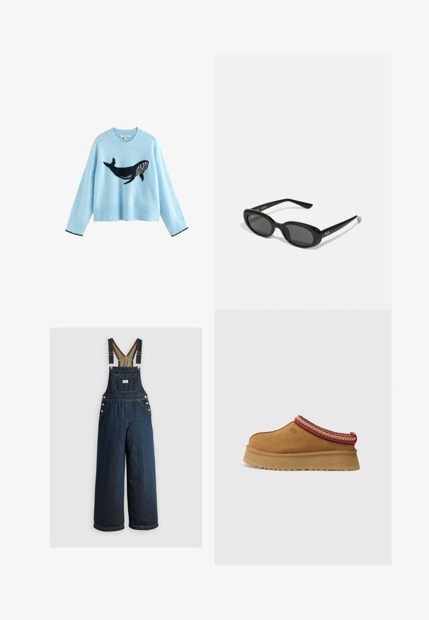 Lichtblauw sweater met een walvisgrafiek, gemaakt van zacht materiaal. Kenmerkt geribbelde manchetten en zoom met marineblauwe accenten. Geknipt ontwerp, lange mouwen.; Donkerblauwe denim overall met wijde pijpen, verstelbare banden en knoopdetails. Beschikt over een voorkantzak en een stevige, gladde textuur.; Bruine suède instapschoen met een rood en crèmekleurig patroon aan de rand, een gestructureerde zool en het UGG-logo aan de zijkant. Heeft een lichte platformhoogte.; Zwarte zonnebril met ovale lenzen, glanzend kunststof montuur en slanke armen. Bevat het Ray-Ban-logo in het wit aan de zijkant.