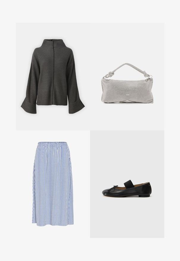 VILA VIVIGGA CONTRAST - Pulover - dark grey/black; Fustă midi lejeră, realizată dintr-un material ușor, cu dungi verticale albastre și albe, având o talie elastică și un design fluid.; Balerini din piele neagră, cu vârf rotund, detaliu mic cu nod și o curea elastică peste instep pentru o fixare sigură. Talpă plată.; Geantă pentru umăr din plasă metalică argintie, cu un mâner legat, închidere cu fermoar și formă geometrică a corpului, având o textură netedă.