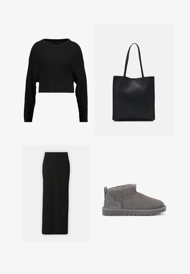 Fekete, rövidített kötött pulóver laza fazonnal, széles nyakkal és hosszú ujjakkal, amelyet strukturált bordázott minta díszít.; Fekete bordás kötött maxi szoknya egyenes sziluettel, oldalsó sliccekkel és sima textúrával. Kényelmet biztosító elasztikus derékpánttal rendelkezik.; Szürke velúr bokacsizma puha béléssel, minimális varratokkal és formázott gumi talppal. Hátul húzópánt található.; Fekete bőrtáska sima felszínnel, téglalap alakú, két hosszú füllel. Nincs látható fémkiegészítő vagy díszítés.