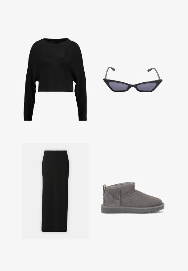 Suéter de punto negro recortado con un corte holgado, escote amplio y mangas largas, que presenta un patrón de canalé texturizado en toda su superficie.; Falda larga de punto acanalado negra con silueta recta, aberturas laterales y una textura suave. Cuenta con una cinturilla elástica para mayor comodidad.; Botines de ante gris con un suave forro interior, costuras mínimas y una suela de goma moldeada. Presenta una trabilla en la parte posterior.; Gafas de sol negras angulares con lentes ahumados grises, que presentan bordes afilados y patillas delgadas. El diseño incluye un acabado brillante.