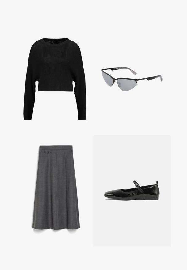 Black cropped knit sweater with a loose fit, wide neckline, and long sleeves, featuring a textured ribbed pattern throughout.; Gray knee-length skirt made of textured fabric, featuring a front button closure, fitted waist, and subtle pleats for added movement.; Black patent leather flat shoe with a pointed toe, an ankle strap with a buckle, and a smooth, shiny texture. Low heel for comfort.; Black sunglasses with angular, cat-eye design. Silver mirrored lenses. Slim, lightweight plastic frames with subtle branding on the temples.; Silver metal earrings with a smooth, teardrop shape and a polished finish. Subtle engravings add detail. Minimalist design.