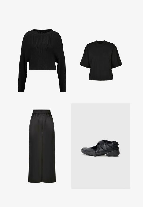 Juodas apkirptas megztinis su laisvu siluetu, plačiu iškirpimu ir ilgomis rankovėmis, pasižymintis tekstūrine briaunų raštine visame megztinyje.; Juoda trumpa medvilninė palaidinė. Su trumpomis rankovėmis ir apvaliu iškirpimu. Lygus paviršius su paprastu dizainu, be papildomų raštų.; Juodos plačios kelnės, pagamintos iš lygaus, blizgaus audinio, su elastinga juosmens juosta ir be matomų kišenių ar aparatūros detalių.; Juodi sportiniai bateliai su elegantišku dizainu, pagaminti iš sintetinės medžiagos, su Velcro užsegimu ir tekstūruotu guminio pado paviršiumi.