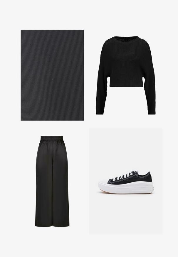 Mustan lühikese lõikega kudumisest valmistatud sviiter, millel on avar dekoltee ja pikad varrukad, ning millel on üle kogu pinna tekstuuriga ribakujundus.; Tekstureeritud must kangas, millel on vertikaalne soonik. Materjal näeb välja veniv ja sile, sobib hästi rõivaste või mööbli katteks.; Mustad laiad püksid, mis on valmistatud siledast, läikivast kangast, millel on elastne vöökoht ja ilma nähtavate taskute või riistvara detailideta.; Mustad mustad kingad valgete paeltega, valge kummist varbakattega ja paksu valge vaheosaga. Omab diskreetset valget õmblust ja kummi talla.