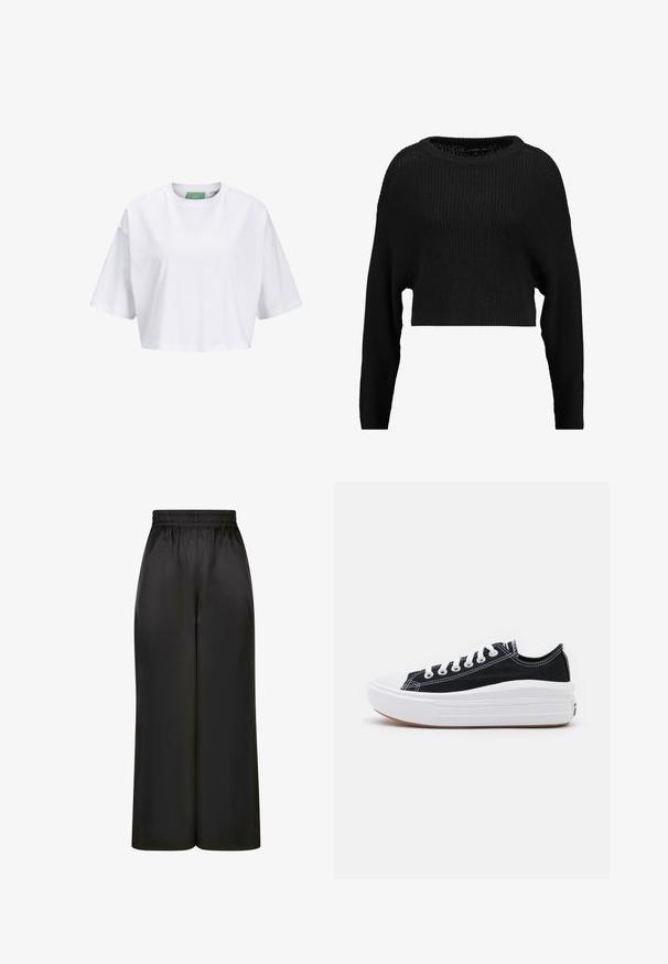 Juodas apkirptas megztinis su laisvu siluetu, plačiu iškirpimu ir ilgomis rankovėmis, pasižymintis tekstūrine briaunų raštine visame megztinyje.; Balta pasėta marškinėliai, pagaminti iš medvilnės, su trumpomis rankovėmis ir apvaliu kaklu. Žalia etiketė viduje su matomu prekės ženklu.; Juodos plačios kelnės, pagamintos iš lygaus, blizgaus audinio, su elastinga juosmens juosta ir be matomų kišenių ar aparatūros detalių.; Juodi drobės sportbačiai su baltais raišteliais, balta guma ant pirštų ir masyvi balta vidurine dalimi. Yra subtilių baltų siūlių ir guminis padas.