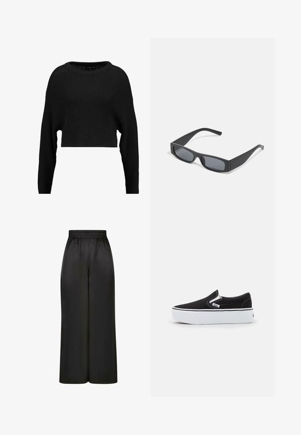 Musta lyhythihainen neulepaita rentoa leikkauksella, leveällä kaula-aukolla ja pitkillä hihoilla, jossa on koko pinnassa teksturoidusta ribbistä koostuva kuvio.; Mustat, leveät housut, jotka on valmistettu sileästä, kiiltävästä kankaasta, jossa on joustava vyötärö ja ei näkyviä taskuja tai metalliosia.; Mustat kangaskengät ilman nyöreitä, joissa on valkoinen kumipohja, elastiset sivuakkentit ja erottuva tikkaus. Brändilogo näkyvissä sivulla.; Mustat suorakulmaiset aurinkolasit tummilla linsseillä ja paksuilla mattepinnoilla. Varsien malli on hieman kapeneva ja pinta sileä.