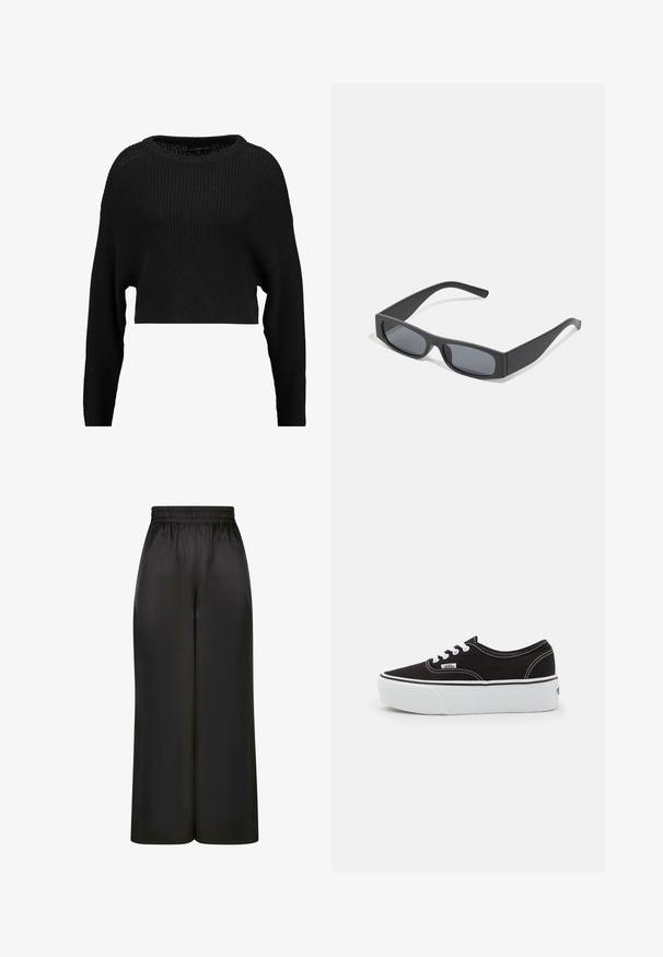Pull en tricot noir court avec une coupe ample, un col large et des manches longues, présentant un motif texturé à côtes sur l'ensemble.; Pantalons larges noirs en tissu lisse et brillant, avec une taille élastique et sans poches ni détails en métal visibles.; Baskets en toile noires avec une semelle en caoutchouc blanc, dotées de lacets et de coutures blanches, marquage emblématique sur le côté, design basse.; Lunettes de soleil noires rectangulaires avec des verres foncés et des montures en mat épais. Les branches sont légèrement effilées avec une texture lisse.