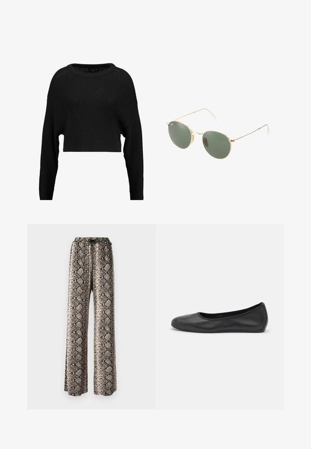 Musta lyhythihainen neulepaita rentoa leikkauksella, leveällä kaula-aukolla ja pitkillä hihoilla, jossa on koko pinnassa teksturoidusta ribbistä koostuva kuvio.; Housut, joissa on leveät lahkeet ja käärmeennahkakuosi, varustettuna kiristettävällä vyötäröllä, valmistettu kevyestä kankaasta beige, musta ja ruskea sävyissä.; Musta nahkainen ballerina, jossa on pyöristetty kärki, sileä pinta, minimaalinen ommelkoristelu ja joustava pohjamuotoilu.; Kultaiset metallikehyiset aurinkolasit, joissa on vihreät linssit, pyöreä muoto, ohuet templet ja valkoiset muoviset korostukset varsien päissä.; Musta käsilaukku, joka on valmistettu teksturoidusta nahasta ja jolla on pyöreä muoto. Sisältää ohuen olkahihnan ja koristeellisia kohokuvioituja kuvioita.
