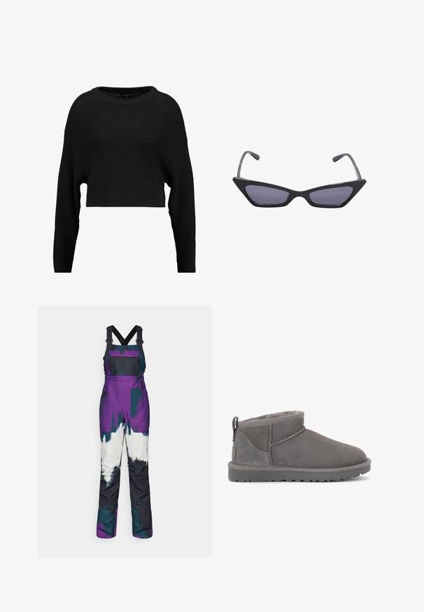 Sort kortærmet strikket sweater med løs pasform, bred udskæring og lange ærmer, der har et struktureret ribbet mønster hele vejen igennem.; Lilla og teal sneoveraller med justerbare sorte stropper, der har en brystlomme, dristige farveblokke og en vandafvisende design.; Grå ruskinds ankelstøvler med en blød indersål, minimal syning og en formstøbt gummisål. Har en løkke bagpå.; Sorte, vinklede solbriller med gråtonede linser, der har skarpe kanter og slanke stænger. Designet inkluderer en blank finish.