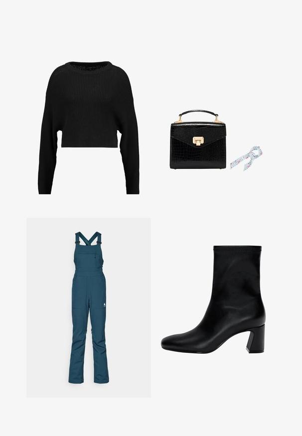 Schwarzer, kurzer Strickpullover mit lockerer Passform, weitem Ausschnitt und langen Ärmeln, der ein strukturiertes Rippmuster aufweist.; Teal Schnee-Latzhose mit verstellbaren Trägern, Reißverschluss-Brusttasche und zwei Seitentaschen, aus langlebigem, wetterbeständigem Material.; Schwarzer Knöchelstiefel aus glattem Leder. Mit quadrater Zehenpartie, elastischem Schaft und einem stabilen Blockabsatz. Minimalistisches Design.; Schwarze Handtasche aus Krokodilprägung mit goldenen Beschlägen, rechteckige Form, Obergriff und einem hellblauen Dekoschal mit floralen Mustern.