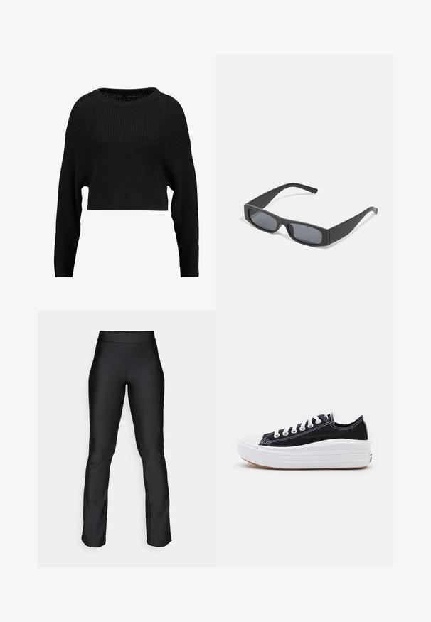 Črni kratki pleteni pulover z ohlapnim krojem, širokim izrezom in dolgimi rokavi, ki vsebuje teksturiran rebrast vzorec po celotni površini.; Črne raztegljive legice z gladko teksturo in prilegnjenim oblikovanjem. Imajo širok pas in rahlo razširitev pri gležnjih. Brez vidnih vzorcev.; Črne platnene športne copate z belimi vezalkami, belim gumijastim prstnim zaščitnikom in masivnim belim srednjim podplatom. Imajo subtilne bele šive in gumijast podplat.; Črne pravokotne sončna očala s temnimi lečami in debelimi mat okvirji. Ročaji so rahlo ukrivljeni in imajo gladko teksturo.