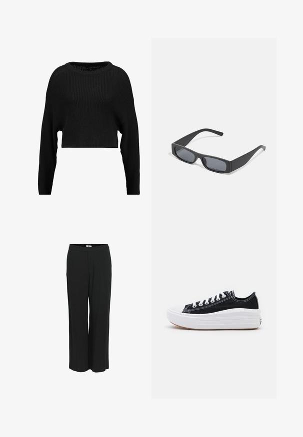 Maglione nero cropped a maglia con una vestibilità ampia, scollo largo e maniche lunghe, caratterizzato da un motivo a coste testurizzato su tutta la superficie.; Pantaloni neri a gamba larga realizzati in un tessuto leggero. Presentano una vita elasticizzata e una texture liscia. Senza tasche né motivi visibili.; Sneaker nere in tela con lacci bianchi, punta in gomma bianca e una suola intermedia bianca e spessa. Presentano cuciture bianche sottili e una suola in gomma.; Occhiali da sole neri rettangolari con lenti scure e montatura spessa opaca. Le asticelle sono leggermente affusolate con una texture liscia.
