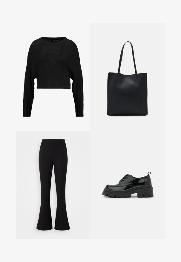 Fekete, rövidített kötött pulóver laza fazonnal, széles nyakkal és hosszú ujjakkal, amelyet strukturált bordázott minta díszít.; Fekete harangszárú nadrág rugalmas anyagból, sima felülettel, magas derékkal, és varrásdíszítéssel az elején.; Fekete lakkbőr cipők vastag talppal és széles fűzővel. Kerek orr, minimális díszítés és egy kis sarkantyú a hátsó részén.; Fekete bőrtáska sima felszínnel, téglalap alakú, két hosszú füllel. Nincs látható fémkiegészítő vagy díszítés.