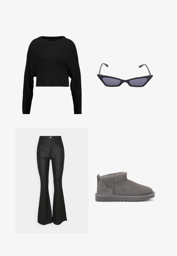 Zwarte gekorte gebreide trui met een losse pasvorm, wijde halslijn en lange mouwen, met een getextureerd ribpatroon overal.; Zwarte flared jeans van een gladde, rekbare stof. Hoogmodel met een knoop- en ritssluiting aan de voorkant.; Grijze suède enkelboots met een zachte binnenvoering, minimale stitching en een gegoten rubberen zool. Voorzien van een trekband aan de achterkant.; Zwarte hoekige zonnebril met grijsgetinte lenzen, voorzien van scherpe randen en slanke pootjes. Het ontwerp heeft een glanzende afwerking.