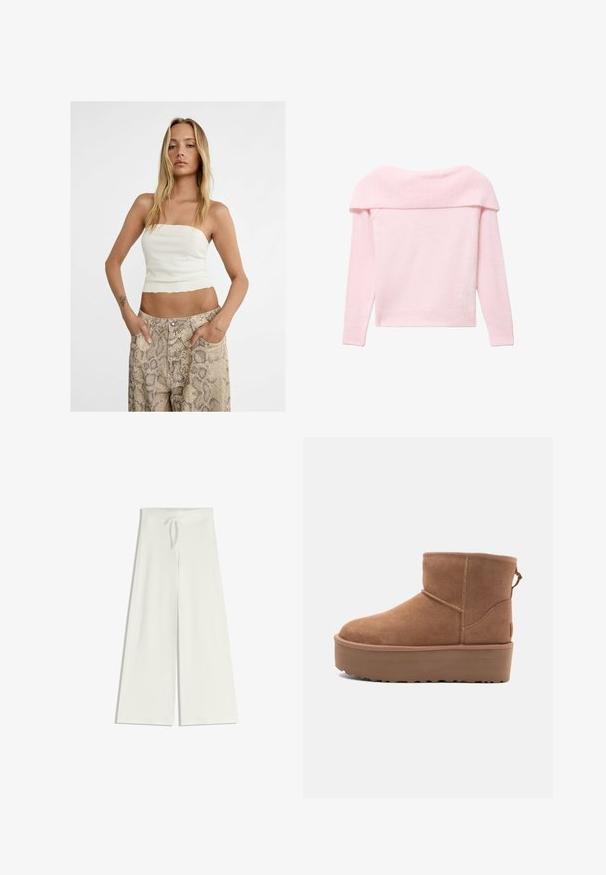 Maglione a maglia di un rosa chiaro con colletto a coste sceso sulle spalle, maniche lunghe e orlo inferiore aderente. Texture morbida in tutto il capo.; Stradivarius Top - white; Pantaloni bianchi a gamba larga realizzati in morbido tessuto a maglia, con vita elasticizzata e lacci per una vestibilità regolabile. Tessuto liscio, senza motivi.; Stivale alla caviglia in suede beige con suola platform, punta rotonda e dettagli di cucitura; presenta un inserto sul retro per una facile calzata.