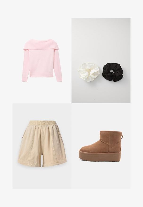 Light pink knitted sweater with an off-the-shoulder ribbed collar, long sleeves, and a fitted bottom hem. Soft texture throughout.; Beige elastic waist shorts with side pockets and visible seam lines, made from lightweight fabric.; Tan suede ankle boot with a platform sole, rounded toe, and stitching accents; features a pull tab at the back for easy wear.; Two satin scrunchies, one white and one black, featuring a ruffled design and smooth texture, displayed against a plain white background.