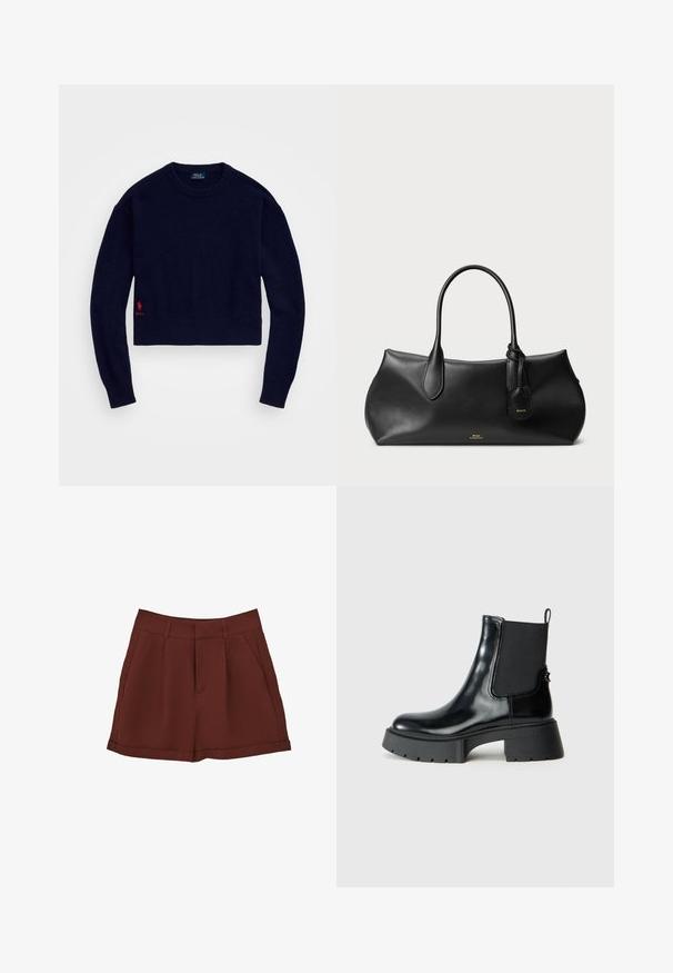 Granatowy, krótki sweter wykonany z miękkiego dzianiny, z prążkowanym kołnierzem i dołem, z czerwonym haftowanym logo polo w lewym dolnym rogu.; Bordowe szorty wykonane z gładkiego materiału, charakteryzujące się klasycznym krojem z płaskim przodem, kieszeniami po bokach i wywiniętym brzegiem.; Czarne botki za kostkę z błyszczącej skóry, z elastycznymi panelami bocznymi, pętelką do zakładania i masywną gumową podeszwą z teksturowanym wzorem bieżnika.; Czarna skórzana torebka o gładkiej fakturze, zaokrąglonym kształcie, z dwoma uchwytami i małą metką przymocowaną do niej. Subtelne logo marki w złotym kolorze z przodu.