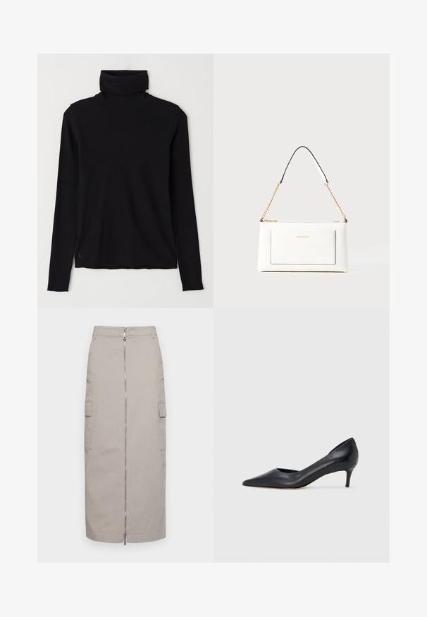 Maglione a collo alto nero realizzato in tessuto a coste. Maniche lunghe, design aderente e orlo leggermente rilassato, senza motivi o accessori visibili.; Gonna grigia a lunghezza ginocchio realizzata in cotone con cerniera frontale e due tasche laterali, caratterizzata da un taglio dritto e linee pulite.; Décolleté in pelle nera con punta affusolata e tacco basso. Presenta una texture liscia e una lucentezza sottile. Taglio aperto sulla parte anteriore per un dettaglio aggiuntivo.; Borsa a tracolla bianca in pelle con un finish testurizzato, dotata di una tracolla in catena dorata e accenti neri. Include una tasca frontale e una chiusura con zip.