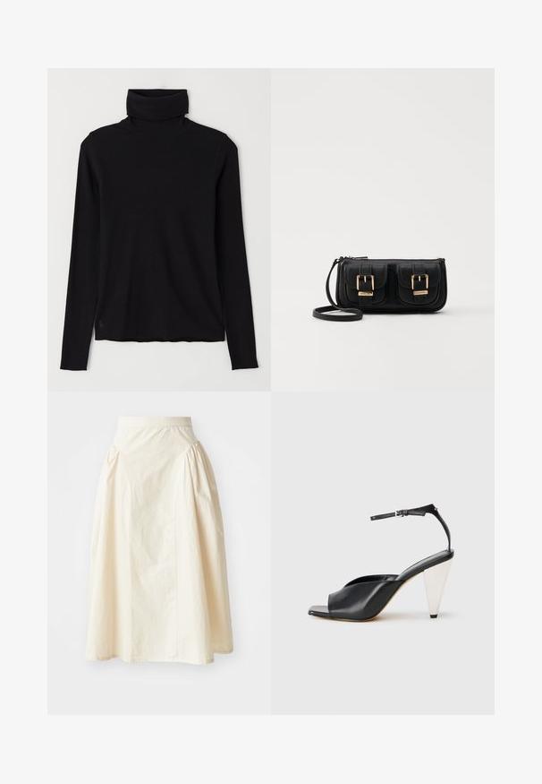 Svart høyhalset genser laget av ribbestrikket stoff. Lange ermer, tettsittende design og en litt avslappet kant uten synlige mønstre eller beslag.; Et lang, kremfarget skjørt laget av lettvektig stoff, med innsamlede detaljer i midjen og en jevn, flytende silhuett.; Svart lær høyhælte sandaler med åpen tå, asymmetrisk design, ankelstropp og en metallisk kjegleformet hæl. Glatt tekstur hele veien.; Svart skinn crossbody veske med to frontlommer, gyldne spenner, glidelåslukking og en slank stropp. Teksturert overflate og kompakt rektangulær form.