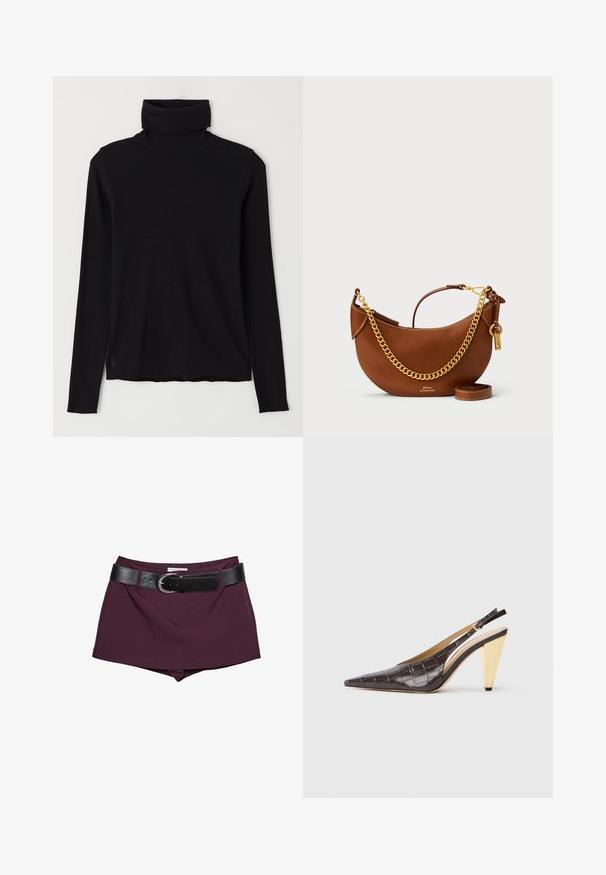 Crna majica s visokim ovratnikom od rebrastog materijala. Dugi rukavi, uski dizajn i blago opuštena donja linija bez vidljivih uzoraka ili hardvera.; Bordo kratke hlače s crnim kožnim remenom. Dizajn se odlikuje glatkom teksturom i prilagođenim oblikom, s širokim remenom koji se osigurava kopčom.; Cipele s potpeticom i otvorenim stražnjim dijelom, u tamnosmeđoj sjajnoj umjetnoj koži krokodila. Sadrže zlatnu geometrijsku potpeticu i prilagodljivu naramenicu.; Smeđa kožna torba s ovalnim dizajnom, zlatnim lancem za nošenje, unutarnjim džepom i odvojivim remenom za rame. Sadrži kontrastne šavove.