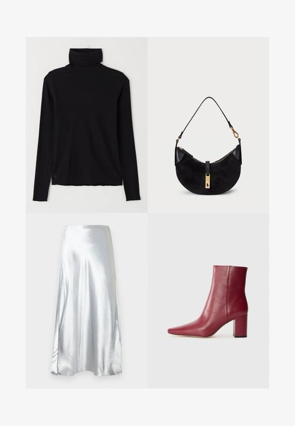 Black turtleneck sweater made of ribbed fabric. Long sleeves, close-fitting design, and a slightly relaxed hem with no visible patterns or hardware.; Silver satin midi skirt with a smooth texture, flared design, and subtle sheen. Features a straight waistband and an A-line silhouette.; Burgundy leather ankle boot with a pointed toe, block heel, and smooth texture, featuring a seamless design without visible hardware.; Black handbag with a curved shape, made of suede and leather, featuring a gold-tone zipper and a logo detail. Includes a short handle.