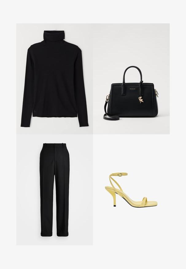 Sort turtleneck sweater lavet af ribbet stof. Lange ærmer, tætsiddende design og en let afslappet kant uden synlige mønstre eller hardware.; Polo Ralph Lauren HIGH RISE RELAXED STRAIGHT TROUSER - Bukser - black; Gule læder slingback højhælede sandaler med firkantet tå, tynd ankelstrop og en glansfuld finish, der har en sort hælaccents.; Sort læder håndtaske med struktureret design, dobbelt top håndtag, aftageligt skulderrem, guld hardware og en logo charme accent.