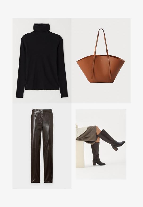 Čierna roláková mikina z rebrového materiálu. Dlhé rukávy, priliehavý strih a mierne uvoľnený lem bez viditeľných vzorov alebo kovania.; Tmavohnedé kožené nohavice so širokými nohavicami, hladkým povrchom a jemným švom pozdĺž prednej časti.; Hnedé kožené vysoké čižmy po kolená s obdĺžnikovou špičkou, robustným podpätkom a bočným zipsom. Hladká textúra s lesklým povrchom.; Hnedá kožená taška na rameno s širokým, štruktúrovaným tvarom, tenkými popruhmi a textúrovaným povrchom. Displej minimalistického dizajnu bez viditeľného hardvéru.