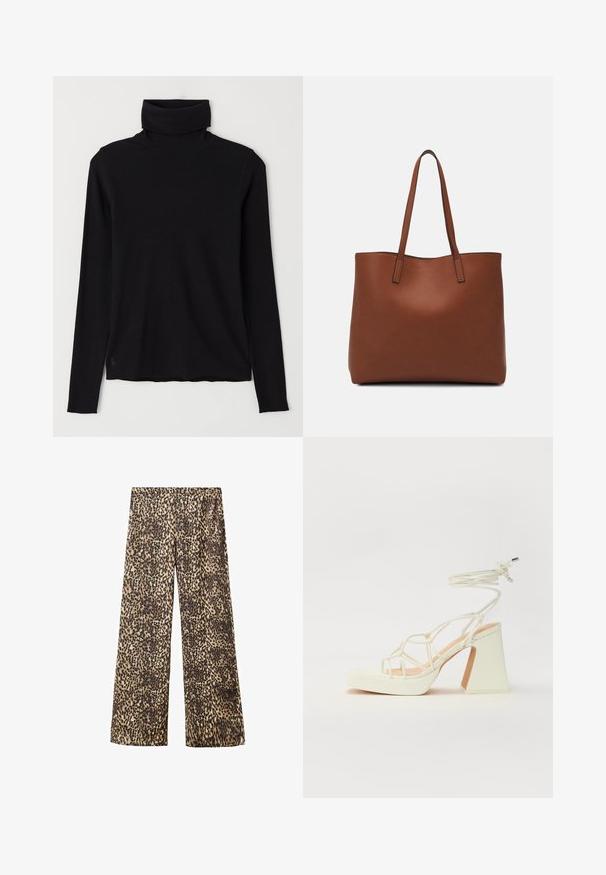 Czarny sweter typu golf wykonaną z prążkowanej tkaniny. Długie rękawy, dopasowany krój oraz lekko luźny dół, bez widocznych wzorów i elementów metalowych.; Spodnie z szerokimi nogawkami w wzór lamparta wykonane z lekkiego materiału. Charakteryzują się neutralną paletą beżu i brązu z czarnymi plamami oraz luźnym krojem.; Biała sandał na wysokim obcasie z masywnym słupkiem, z paskowym wzorem i wiązaniem przy kostce. Gładka faktura z platformą z przodu dla dodatkowej wysokości.; Brązowa skórzana torba tote o gładkiej fakturze, z otwartym wierzchem i dwoma ramiączkami. Charakteryzuje się minimalnym przeszyciem i brakiem widocznych elementów metalowych.