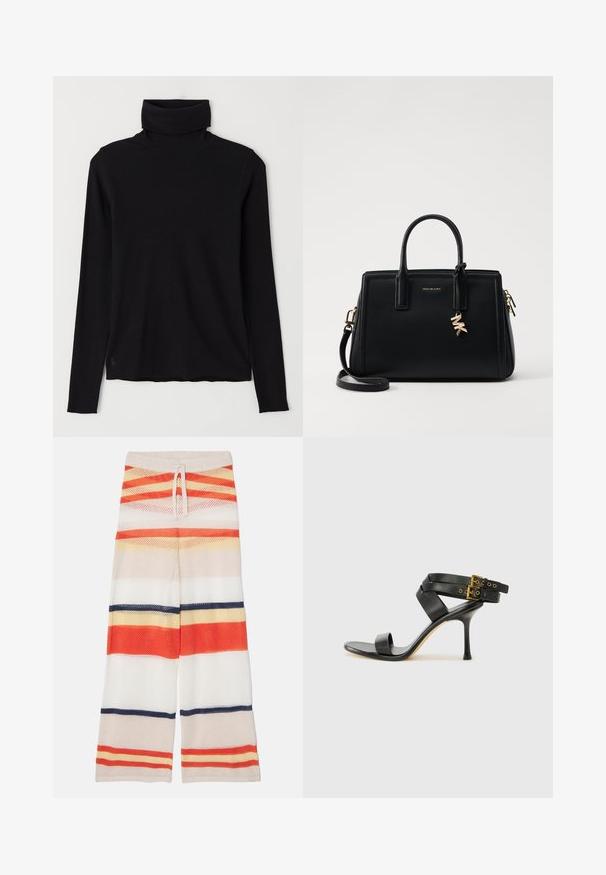 Black turtleneck sweater made of ribbed fabric. Long sleeves, close-fitting design, and a slightly relaxed hem with no visible patterns or hardware.; Mesh wide-leg pants featuring horizontal stripes in red, orange, yellow, white, and navy. Elastic waistband with a drawstring detail.; Black heeled sandal with crossed straps and adjustable buckle. Features a smooth texture and tapered stiletto heel.; Black leather handbag with structured design, dual top handles, detachable shoulder strap, gold hardware, and a logo charm accent.