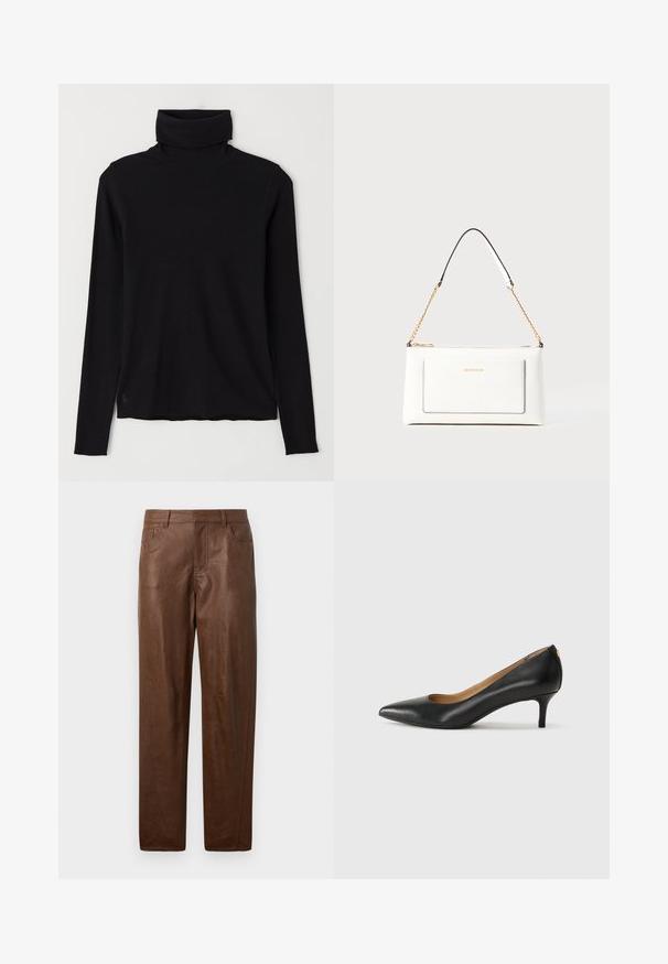 Svart turtlenecktröja i ribbat tyg. Långa ärmar, figurnära design och en något avslappnad nederkant utan synliga mönster eller detaljer.; Bruna läderbyxor med en slät yta, rak bendesign och två sidfickor. Har synliga sömnadsdetaljer.; Svart läderpumps med spetsig tå, låg klack och slät yta. Har en liten öppning framtill och minimal hårdvara bak.; Vit läderhandväska med texturerad yta, med guldkedjeslinga och svarta accenter. Inkluderar en framsida ficka och dragkedjestängning.
