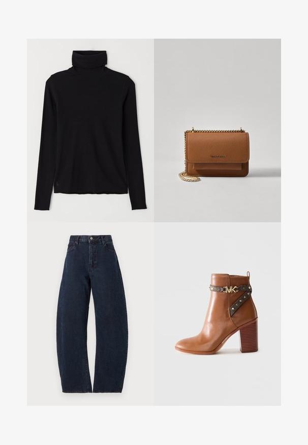 Black turtleneck sweater made of ribbed fabric. Long sleeves, close-fitting design, and a slightly relaxed hem with no visible patterns or hardware.; High-waisted, wide-leg jeans in dark blue denim. Features a button closure, five pockets, and subtle texture. No visible patterns or accents.; Brown leather ankle boot with stacked block heel, side strap featuring gold studs and a gold "MK" logo buckle.; Brown textured leather crossbody bag with gold chain strap and flap closure. Front features logo detail and a pocket under the flap.