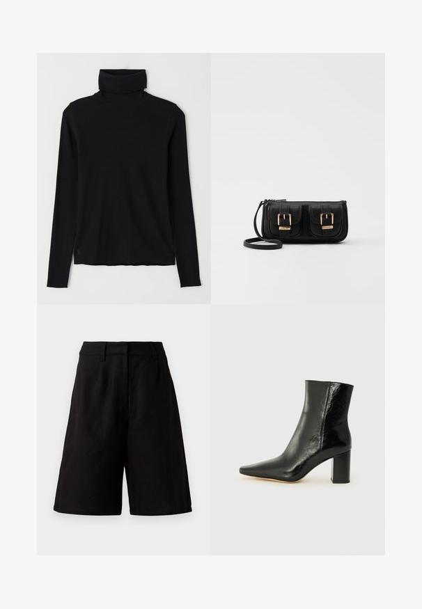 Pulover negru cu guler înalt, realizat dintr-un material cu dungi. Mâneci lungi, design ajustat și un tiv ușor relaxat fără modele sau accesorii vizibile.; Shorts negri cu o croială lejeră, fabricate dintr-un material ușor cu o textură fină. Prezintă un tiv plat și detalii minime.; Botine negre din piele lucioasă, cu vârful ascuțit și un toc pătrat masiv. Au o textură netedă și un design minimalist.; Geantă neagră din piele, tip crossbody, cu două buzunare frontale, catarame aurii, închidere cu fermoar și o curea subțire. Suprafață texturată și formă rectangulară compactă.