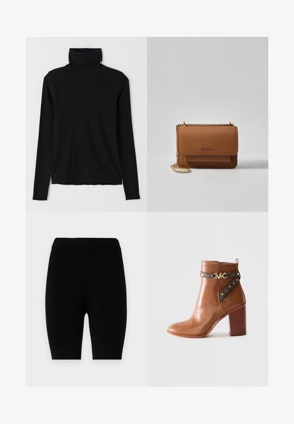 Černý rolák vyrobený z žebrované tkaniny. Dlouhé rukávy, přiléhavý střih a mírně uvolněný lem bez viditelných vzorů nebo kovových doplňků.; Černé legíny vyrobené z elastického materiálu, s jednoduchým designem, elastickým pasem a jednobarevným bez vzorů nebo akcentů.; Hnědá kožená kotníková bota s blokovým podpatkem, bočním popruhem se zlatými kuličkami a zlatou sponou s logem "MK".; Hnědá texturovaná kožená kabelka přes rameno se zlatým řetízkovým popruhem a klopnovým uzavíráním. Přední strana obsahuje detail loga a kapsu pod klopou.