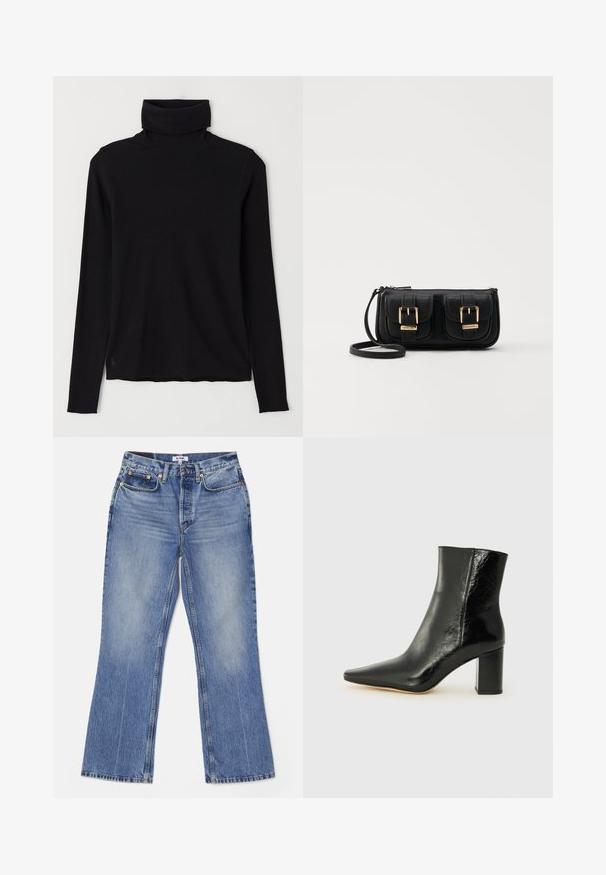 Must must sõrmikuvahega riidest. Pikkade varrukatega, kehaehitusele lähedal disain ja veidi lõdvem äär, ilma nähtavate mustrite või detailideta.; RE/DONE LOOSE - Bootcut-teksad - hacienda; Mustad muste saapad, mis on valmistatud läikivast nahast, terava koonuse ja tugeva ruudukujulise kandiga. Omab sileda tekstuuri ja minimalismi kujundust.; Must küllastamata nahast õlakott, millel on kaks esist nähtavat taskut, kuldsed pandlad, tõmblukuga sulgemine ja peen rihm. Tekstuuriga pind ja kompaktne ristkülikukujuline kuju.