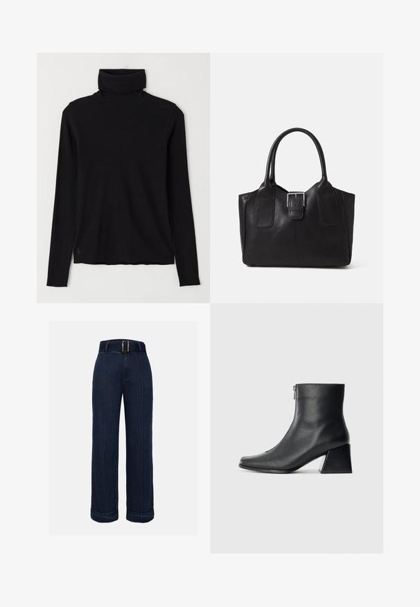 Black turtleneck sweater made of ribbed fabric. Long sleeves, close-fitting design, and a slightly relaxed hem with no visible patterns or hardware.; Dark blue high-waisted wide-leg jeans with a belted waist, featuring contrasting stitching and rolled cuffs at the hem.; Black leather ankle boot with square toe, side zipper, and block heel against plain light background.; Black leather tote bag with smooth texture, structured shape, two handles, and a prominent silver buckle detail on the front.