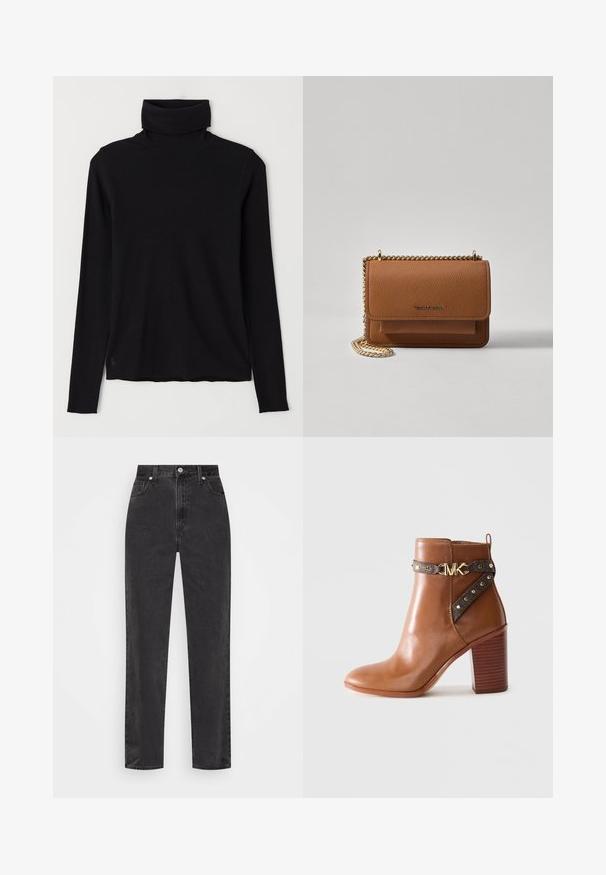 Melnā augsto apkakliņu džemperis, izgatavots no ribota auduma. Garas piedurknes, cieši piegulošs dizains un nedaudz brīvs apakšmala bez redzamām rakstu vai detaļām.; Melnas džinsus ar taisnu kāju un augsto jostu, ar priekšējo pogu un rāvējslēdzēju, kā arī piecu kabatu dizainu uz balta fona.; Brūni ādas potīšu zābaki ar uzkrātu bloku papēdi, sānu siksna ar zelta pīrsingiem un zelta "MK" logotipa sprādzi.; Brūna teksturēta ādas plecu soma ar zelta ķēdes siksnu un atloka aizdari. Priekšpusē ir logotipa detaļa un kabata zem atloka.