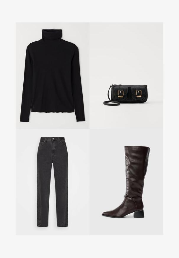Pulover negru cu guler înalt, realizat dintr-un material cu dungi. Mâneci lungi, design ajustat și un tiv ușor relaxat fără modele sau accesorii vizibile.; Jeans negri din denim, cu picioare drepte și talie înaltă, cu nasture și fermoar în față, și stil cu cinci buzunare, pe un fundal alb.; Botă din piele maro închis, înaltă, cu vârf ascuțit, curea mică cu cataramă în jurul gleznei și toc joasă pe fundal alb.; Geantă neagră din piele, tip crossbody, cu două buzunare frontale, catarame aurii, închidere cu fermoar și o curea subțire. Suprafață texturată și formă rectangulară compactă.