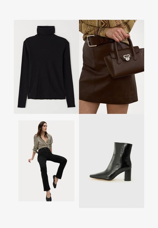 Suéter negro de cuello alto fabricado en tela de canalé. Mangas largas, diseño ajustado y un dobladillo ligeramente relajado sin patrones o herrajes visibles.; Jeans negros de tiro alto combinados con una camiseta a rayas de botones en crema y negro. El conjunto presenta un ajuste relajado y una textura suave.; Botín negro hasta el tobillo fabricado en cuero brillante con punta afilada y tacón cuadrado y grueso. Presenta una textura suave y un diseño minimalista.; Bolso de mano de cuero marrón con un acabado texturizado y herrajes plateados, sostenido con una mano al lado de una falda de cuero marrón y un suéter con estampados.