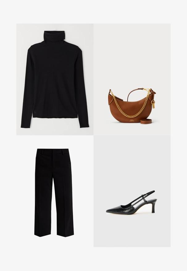Μαύρο πουλόβερ τύπου τερτίπι φτιαγμένο από ριγέ ύφασμα. Μακριά μανίκια, εφαρμοστή σχεδίαση και ελαφρώς χαλαρό στρίφωμα χωρίς ορατά σχέδια ή υλικό.; Μαύρο παντελόνι με φαρδιά πόδια από λείο ύφασμα, με επίπεδο μπροστινό μέρος, θηλιές για ζώνη και κλασική εφαρμογή. Χωρίς ορατές τσέπες ή σχέδια.; Μαύρη πατέντα σλινγκμπάκ γόβα με μυτερή μύτη, διαθέτει υφή από φίδι, ρυθμιζόμενο λουρί και κοντή, υφή τετράγωνη φτέρνα.; Καφέ δερμάτινη τσάντα χειρός με καμπυλωτό σχέδιο, χρυσή αλυσίδα ώμου, εσωτερική τσέπη και αποσπώμενη ζώνη ώμου. Διαθέτει αντίθετα ραψίματα.