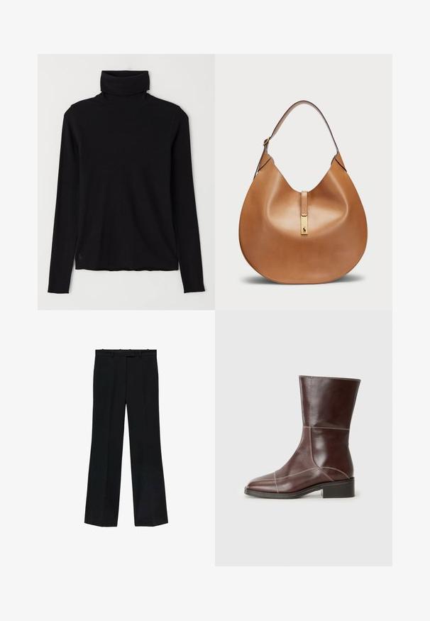 Černý rolák vyrobený z žebrované tkaniny. Dlouhé rukávy, přiléhavý střih a mírně uvolněný lem bez viditelných vzorů nebo kovových doplňků.; Černé kalhoty se střihy rovného nohavice, vyrobené z hladkého materiálu. Mají pas s poutky na pásek a bez viditelných znaků nebo zdobení.; Hnědá kožená kotníková bota se čtveratou špičkou a nízkým podpatkem, s kontrastním prošitím podél švů. Čisté pozadí.; Kabelka z hladké koženky v tan barvě, s křivkovým tvarem a širokým ramenním popruhem. Obsahuje zlatý kovový akcent ve středu a hladký povrch.