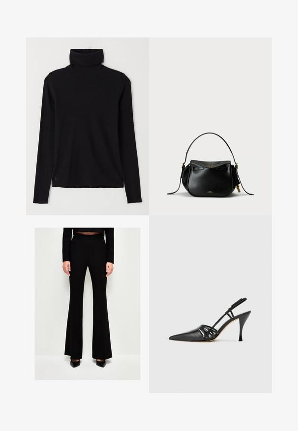 Zwarte coltrui van ribstof. Lange mouwen, aansluitend ontwerp en een iets relaxte zoom zonder zichtbare patronen of hardware.; Zwarte flared broeken met een slanke, aansluitende tailleband, gemaakt van een gladde, rekbare stof. Heeft een ontwerp met volledige lengte en een subtiele glans.; Zwarte leren hoge hak slingback schoen met spitse neus, crisscross bandontwerp en slanke stilettohak. Smooth textuur en minimale accenten.; Zwarte leren handtas met een ronde vorm, een enkele bovenhandgreep en gouden hardware accenten. Heeft een ritssluiting en een subtiele merkdetail.