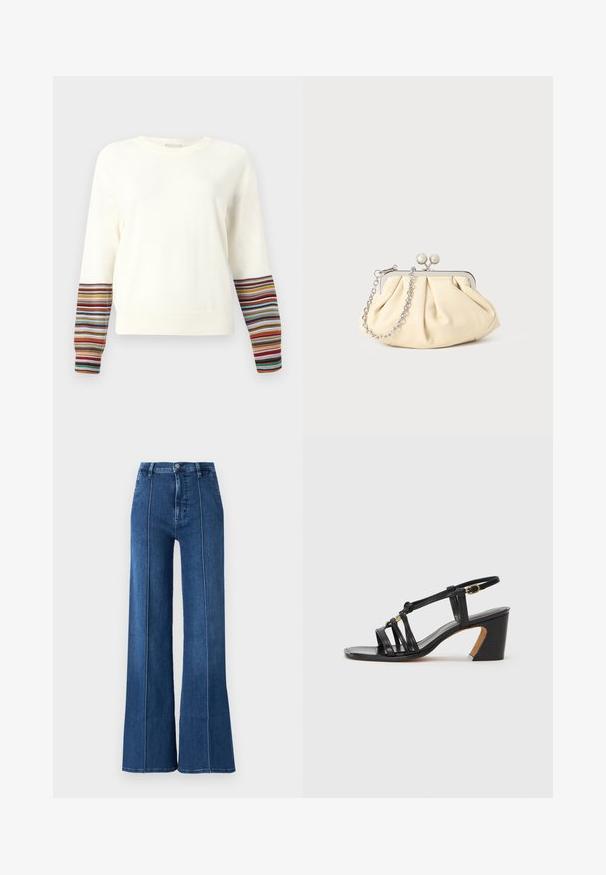 Long-sleeve sweater in cream, featuring ribbed cuffs with multi-color stripes. Soft fabric, crew neckline, relaxed fit.; Wide-leg blue jeans made of denim, featuring a high waist and contrasting white stitching along the seams. No additional embellishments.; Paul Smith AMIRA - Classic heels - black; Pleated beige leather clutch with a silver metal frame, featuring two round decorative clasps and a silver chain strap.