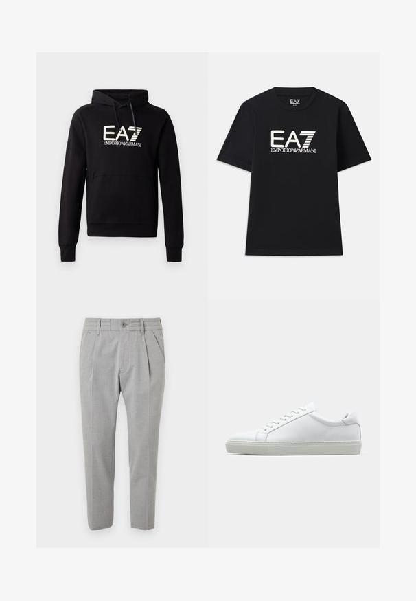 Zwarte hoodie met een kangoeroezak, met een groot wit EA7 Emporio Armani-logo op de borst. Gemaakt van een zachte katoenmix.; Zwarte T-shirt van katoen, met een ronde hals en korte mouwen. Geborduurd logo "EA7 EMPORIO ARMANI" in het wit op de voorkant.; Grijze op maat gemaakte pantalons met een gladde textuur, voorzien van een geplooide uitstraling, zijzakken, een broekband met lussen en een knoopsluiting.; Witte sneaker met een gladlederen bovenwerk en een laag profiel. Voorzien van een ronde neus, zes vetergaatjes en een gestructureerde rubberen zool.