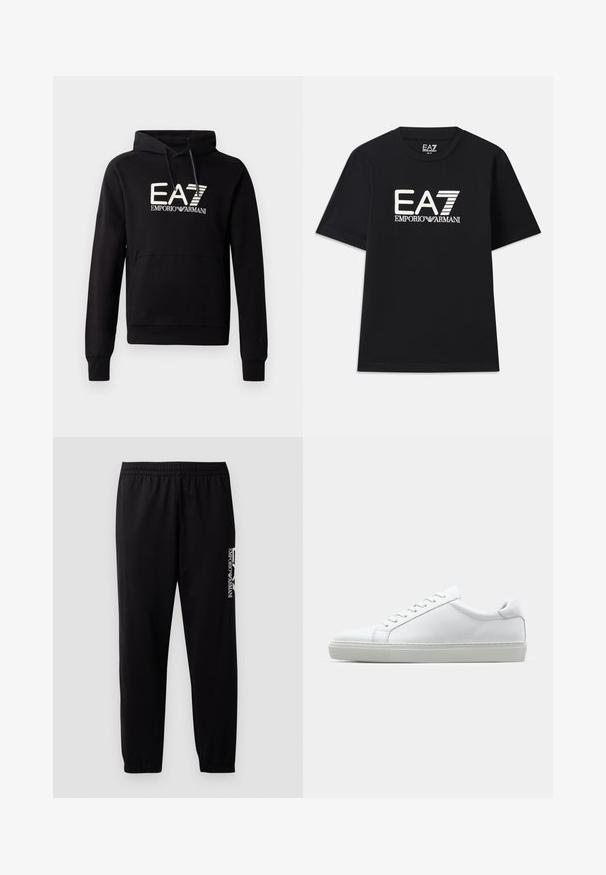 Hanorac negru cu glugă, dotat cu buzunar tip cangur, având un logo alb EA7 Emporio Armani evidențiat pe piept. Material moale din amestec de bumbac.; Tricou negru din bumbac, cu guler rotund și mâneci scurte. Logo-ul brodat "EA7 EMPORIO ARMANI" în alb pe partea din față.; Pantaloni atletici negri dintr-un material neted, cu talie elastică și manșete elastice, și un logo contrastant imprimat pe lateral.; Adidași albi cu o suprafață din piele netedă și un profil jos. Au un vârf rotunjit, șase orificii pentru șireturi și o talpă din cauciuc texturată.