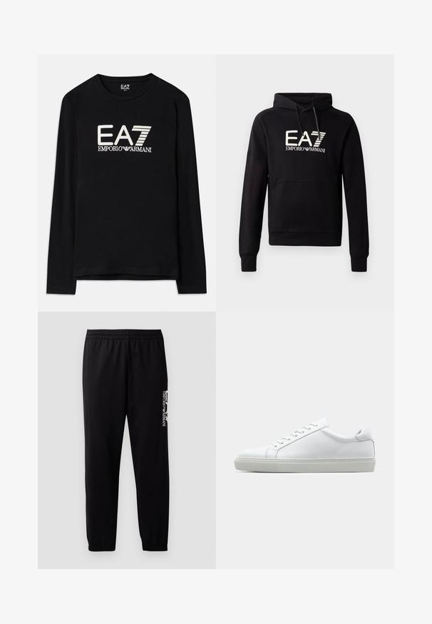 Svart hettegenser med kengurulomme, med en hvit EA7 Emporio Armani-logo som er fremtredende på brystet. Laget av myk bomullsblanding.; Svart langermet skjorte med hvite broderte EA7- og Emporio Armani-logoer. Myk stoffkvalitet med rund hals og rett linning.; Sorte treningsbukser laget av glatt stoff, med elastisk midjebånd og mansjetter, samt en kontrasterende logo trykket på siden.; Hvit sneakers med en glatt skinnoverdel og lav profil. Har en rund tå, seks snøring hull, og en teksturert gummisåle.