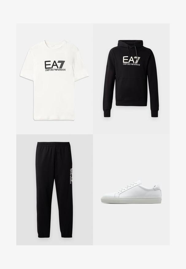 Sweatshirt preto com capuz e bolso canguru, apresentando um logo EA7 Emporio Armani branco em destaque no peito. Material em mistura de algodão macio.; T-shirt de algodão branco com um logo preto da EA7 e texto "EMPORIO ARMANI". Mangas curtas, decote redondo, ajuste regular, textura suave.; Calças de treino pretas feitas de um tecido suave, com uma cintura elástica e punhos, e um logotipo em contraste impresso na lateral.; Sapatilha branca com um cabedal em couro liso e de perfil baixo. Apresenta um bico redondo, seis ilhoses e uma sola de borracha texturizada.