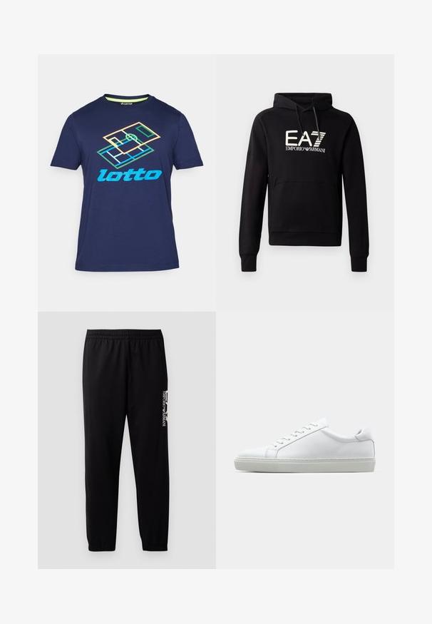 Fekete kapucnis pulóver kenguruzsebbel, a mellrészen hangsúlyos fehér EA7 Emporio Armani logóval. Puha pamut keverék anyag.; Tengerészkék, rövid ujjú pamut póló, amelynek elülső részén színes "Lotto" logó és geometrikus design található.; Fekete sportnadrág sima anyagból, rugalmas derékkal és mandzsettákkal, az oldalán kontrasztos logónyomattal.; Fehér sportcipő sima bőr felső résszel és alacsony profilsal. Kerek orr, hat fűzőlyuk és barázdált gumitalp jellemzi.