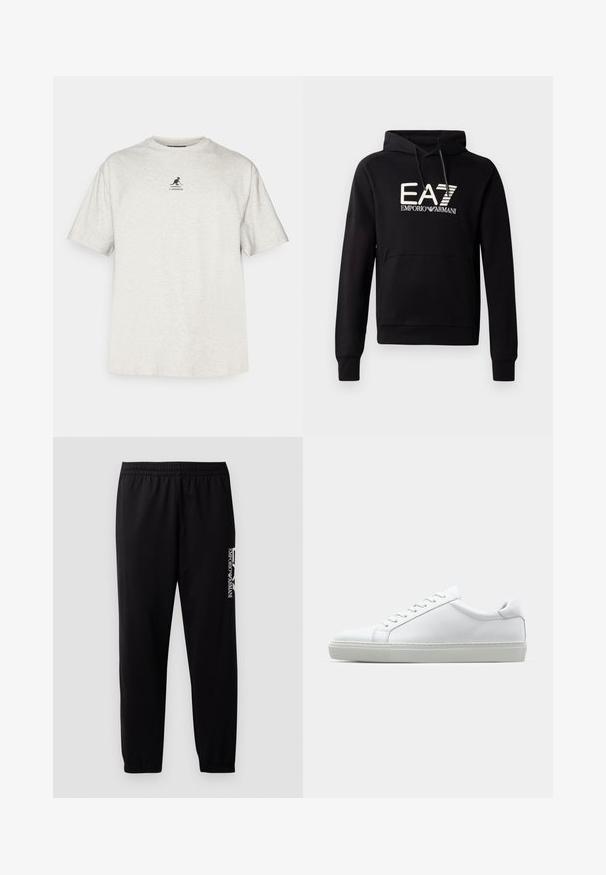 Čierna mikina s kapucňou a klokankou, s bielym logom EA7 Emporio Armani umiestneným na hrudi. Mäkčený materiál z bavlneného zmesi.; Svetlosivý bavlnený tričko s krátkymi rukávmi a okrúhlym výstrihom, na hrudi s malým čiernym logom s klokanom.; Čierne športové nohavice vyrobené z hladkej látky, s elastickým pásom a manžetami, a s kontrastnou logom potlačeným na boku.; Biele tenisky s hladkým koženým zvrškom a nízkym profilom. Majú zaoblenú špičku, šesť očiek a štruktúrovanú gumovú podrážku.