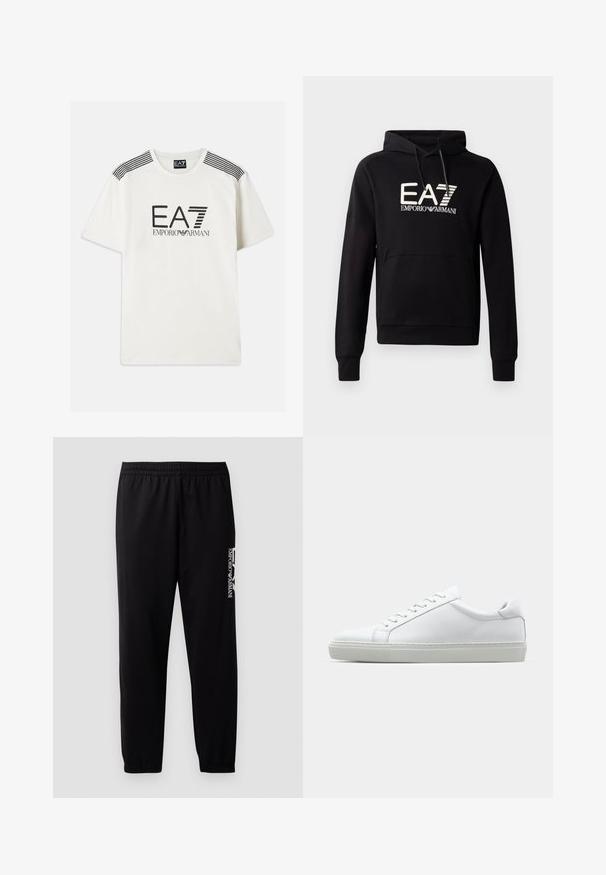 Black hooded sweatshirt with a kangaroo pocket, featuring a white EA7 Emporio Armani logo prominently on the chest. Soft cotton blend material.; White t-shirt made of cotton with black "EA7 EMPORIO ARMANI" logo. Features black stripes on the shoulders and a standard crew neck design.; Black athletic pants made of smooth fabric, featuring an elastic waistband and cuffs, and a contrasting logo printed on the side.; White sneaker with a smooth leather upper and a low profile. Features a rounded toe, six eyelets, and a textured rubber sole.