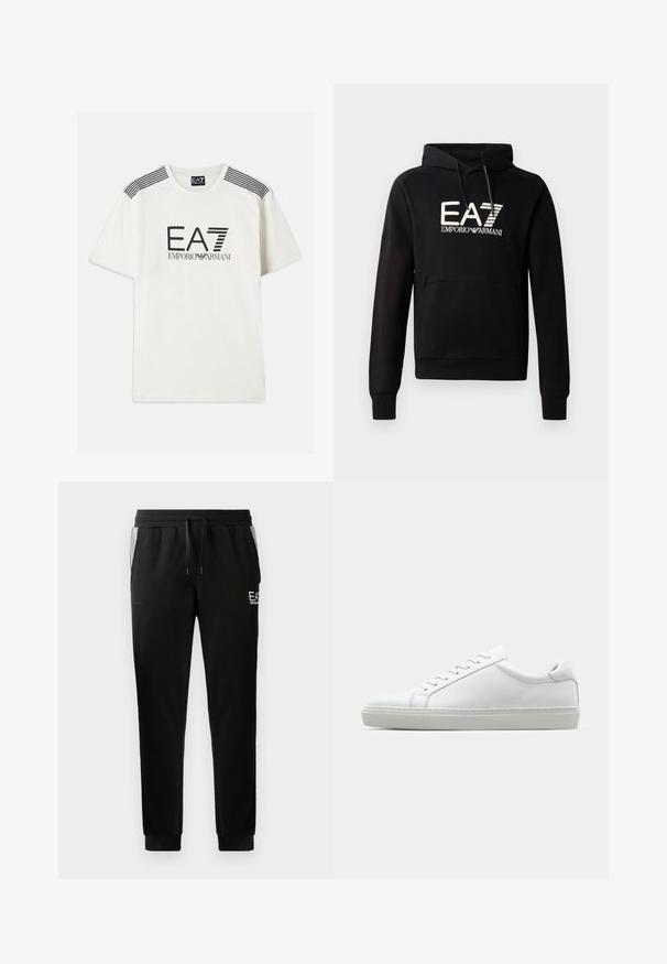 Melnā kapucēta lietussarga ar kangaro kabatu, uz krūšu daļas ir ievērojams balts EA7 Emporio Armani logo. Mīksts kokvilnas maisījuma materiāls.; Balta T-kreka, izgatavota no kokvilnas, ar melnu "EA7 EMPORIO ARMANI" logo. Iezīmēta ar melnām svītrām uz pleciem un standarta apaļā kakla dizainu.; Melni sporta bikses ar aukliņu viduklī, sašaurinātiem kājiem, ribotām aprocēm un grafisku logotipa detaļu priekšpusē, kā arī ar svītrām sānos.; Baltie sporta apavi ar gludu ādas virsu un zemu profilu. Iezīmējas ar noapaļotu purngalu, sešām acīm un teksturētu gumijas zoli.